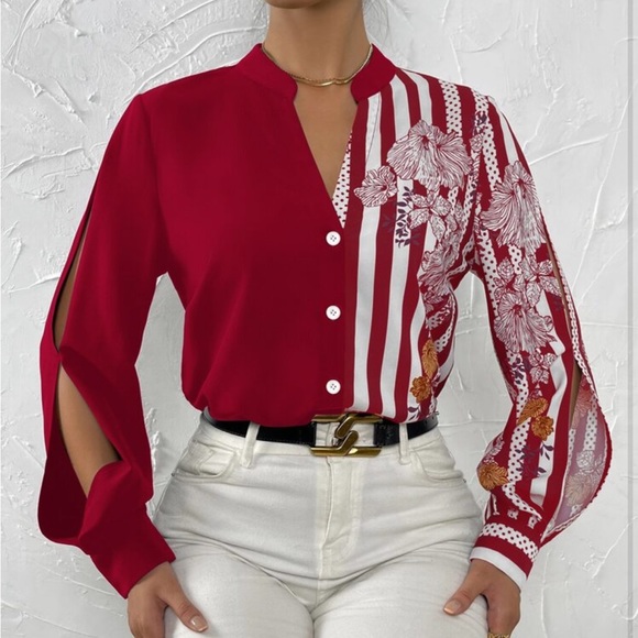 Elegant Striped Floral Print Long Sleeve Button Down Shirt Top Blouse White - Picture 7 of 16